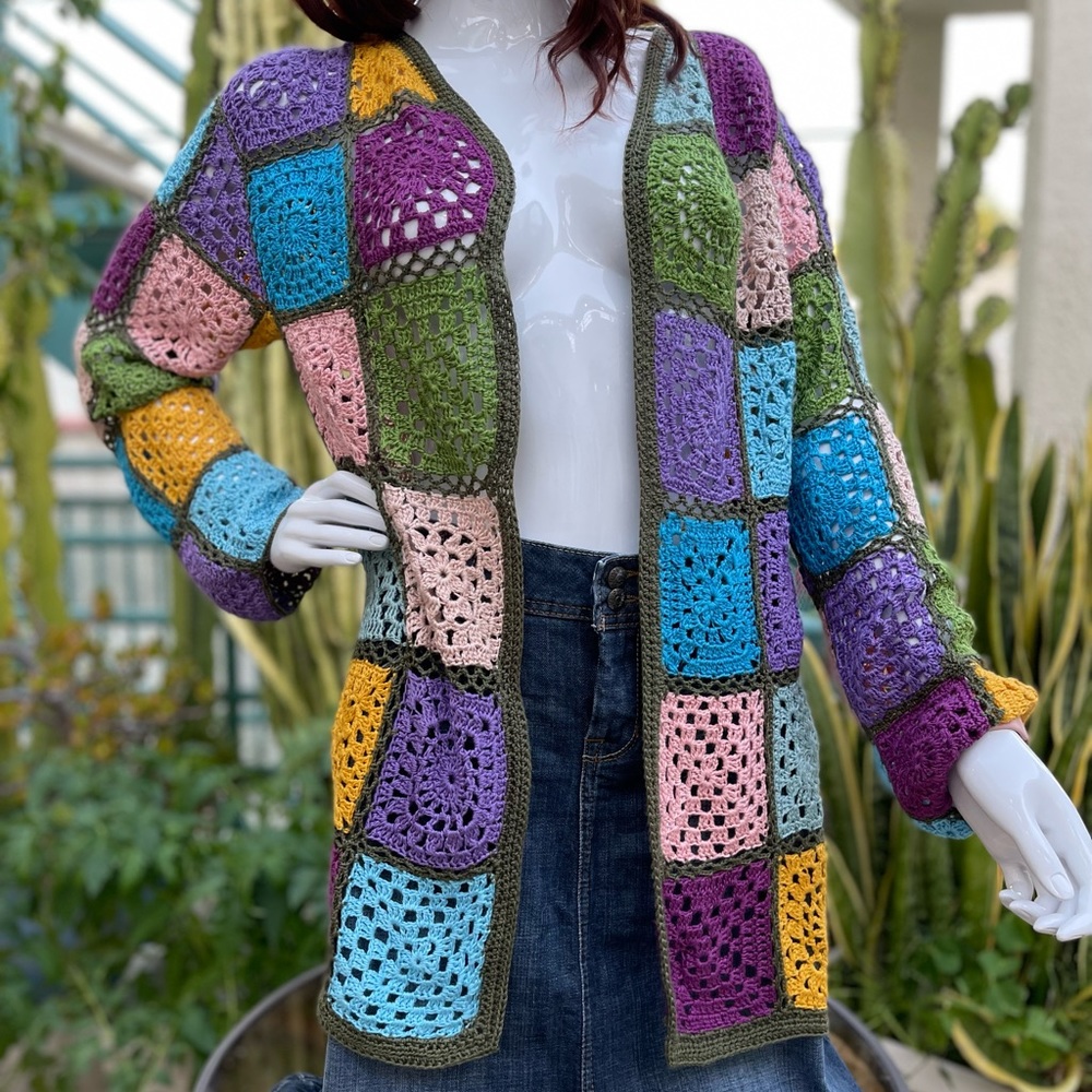 Handmade crochet cardigan granny square unisex L, XL multicolor